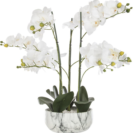 Vaso de cimento efeito mármore com orquídea artifical branca 65cm