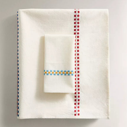TOALHA DE MESA DE ALGODÃO COM REBORDOS MULTICOLORIDOS