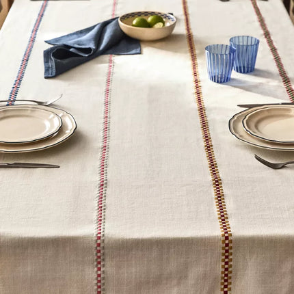 TOALHA DE MESA DE ALGODÃO COM REBORDOS MULTICOLORIDOS