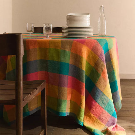 TOALHA DE MESA DE LINHO AOS QUADRADOS MULTICOLORIDOS