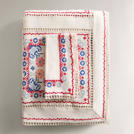 TOALHA DE MESA ALGODÃO LINHO BORDADOS PONTO CRUZ