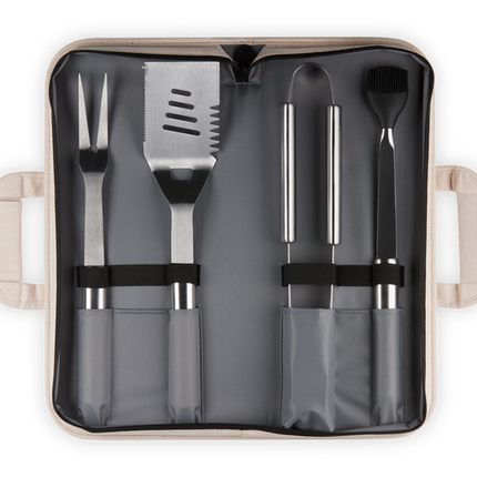 Set de 4 utensílios BBQ em aço inoxidável e bolsa de transporte