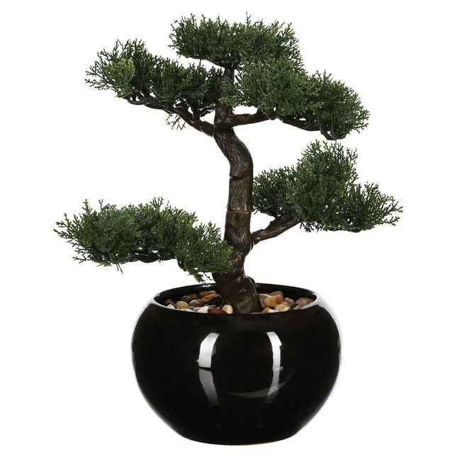 Planta bonsai artificial com vaso preto de cerâmica 36cm