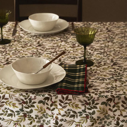 TOALHA MESA ALGODÃO RESINADO FOLHAS NATAL