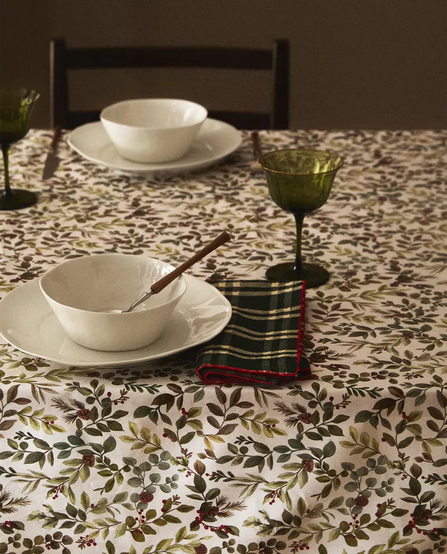 TOALHA MESA ALGODÃO RESINADO FOLHAS NATAL