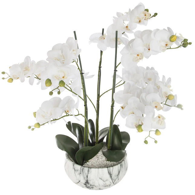 Vaso de cimento efeito mármore com orquídea artifical branca 65cm