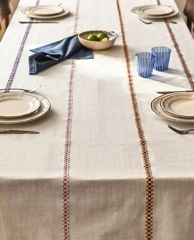 TOALHA DE MESA DE ALGODÃO COM REBORDOS MULTICOLORIDOS