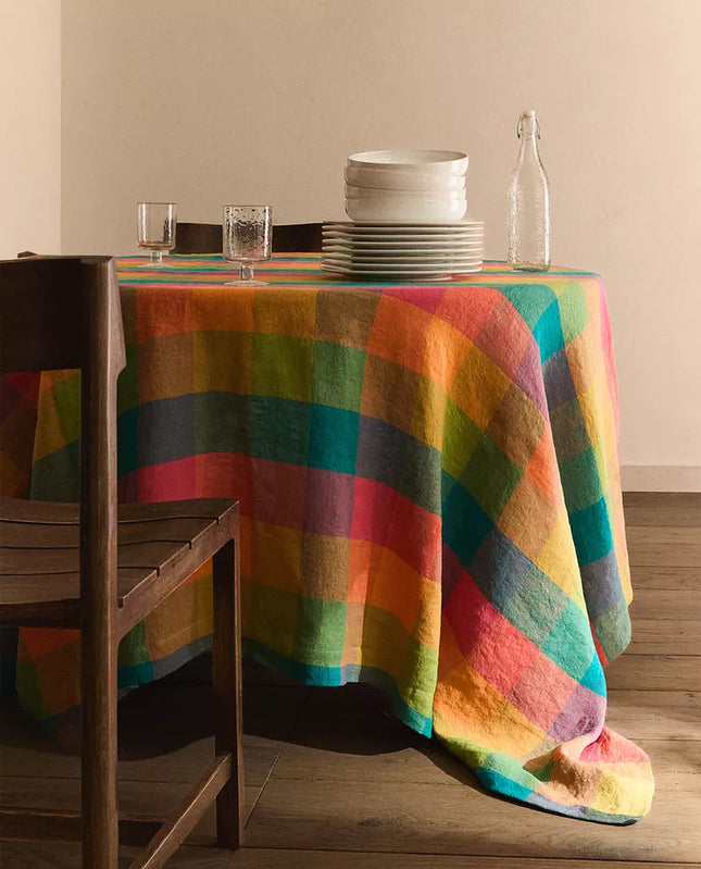 TOALHA DE MESA DE LINHO AOS QUADRADOS MULTICOLORIDOS