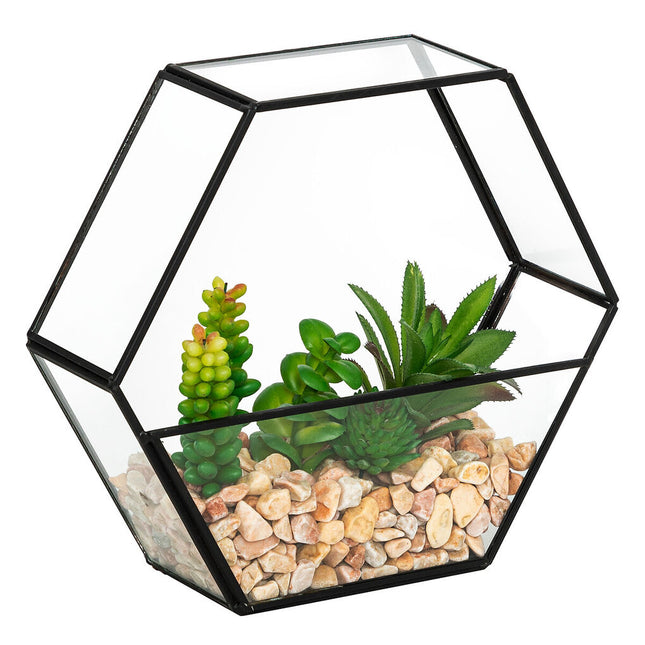 Terrário em metal preto com plantas artificiais PIA