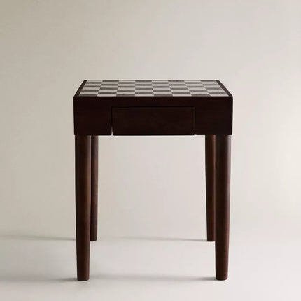 MESA AUXILIAR TECA TABULEIRO XADREZ MÁRMORE