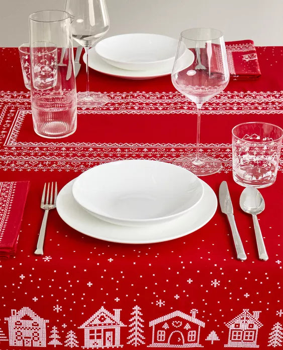 TOALHA DE MESA DE ALGODÃO COM ALDEIA DE NATAL