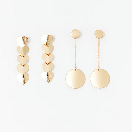 Conjunto de 2 Pares de Brincos de Corações com Pêndulo