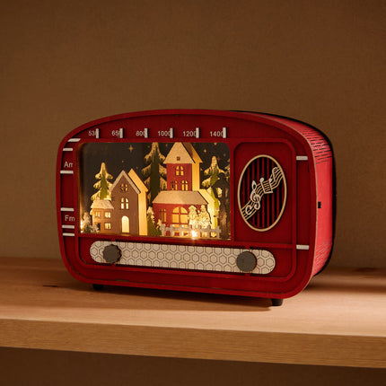 Figura de rádio vintage de madeira com 5 luzes LED Natal