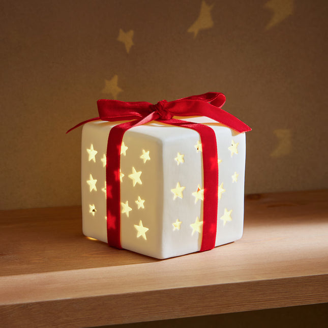 Figura Presente com Laço de Cerâmica com Luz LED Natal