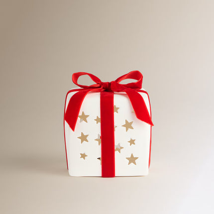 Figura Presente com Laço de Cerâmica com Luz LED Natal