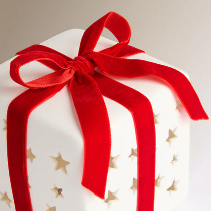 Figura Presente com Laço de Cerâmica com Luz LED Natal