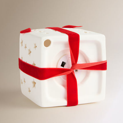 Figura Presente com Laço de Cerâmica com Luz LED Natal